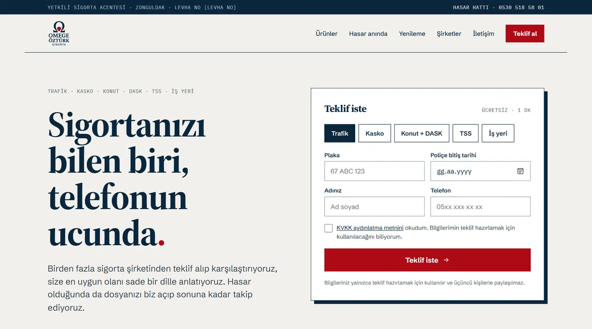 Sigorta acentesi · Omege Öztürk Sigorta · Örnek tasarım